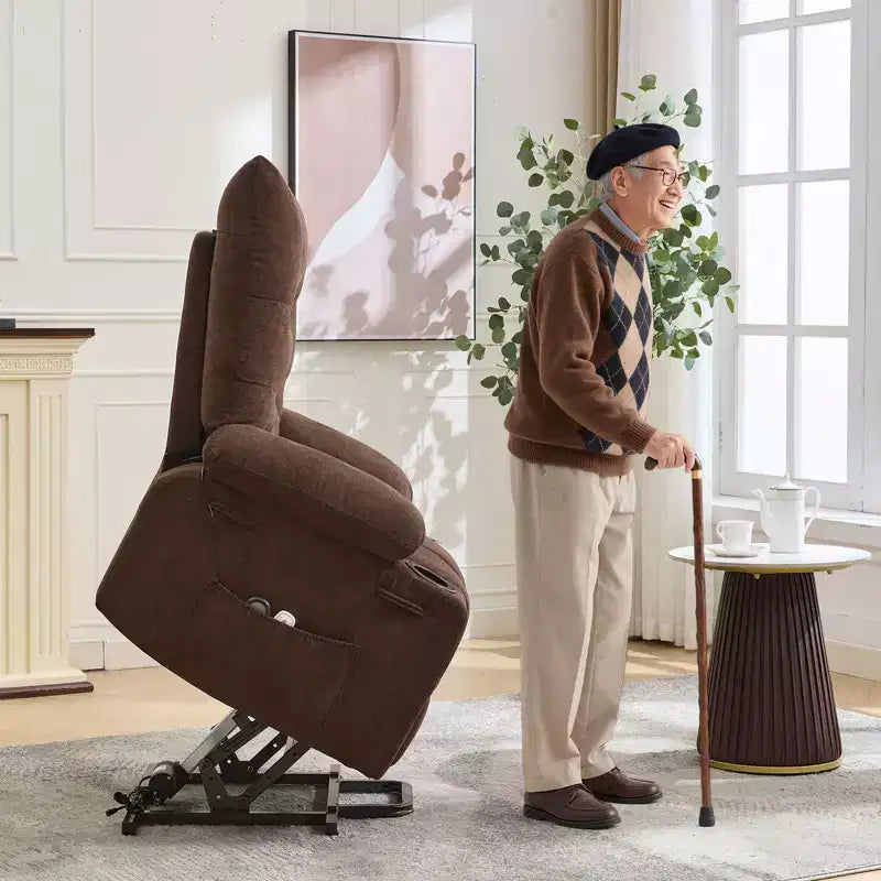 Oversized Lift Recliner Chair, Soft Padded Upholstery, Cup Holders, Side Pocket, Assisted Stand, Comfortable Lounge Recliner for Living Room, Bedroom