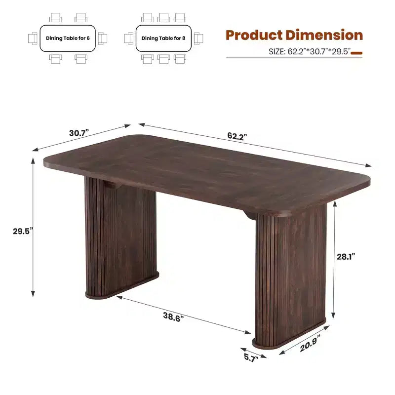 Mesa de comedor para 6-8 personas - Mesa de cocina moderna de 62" de largo con tablero grande y patas de pedestal de alta resistencia, mesa de cena rectangular