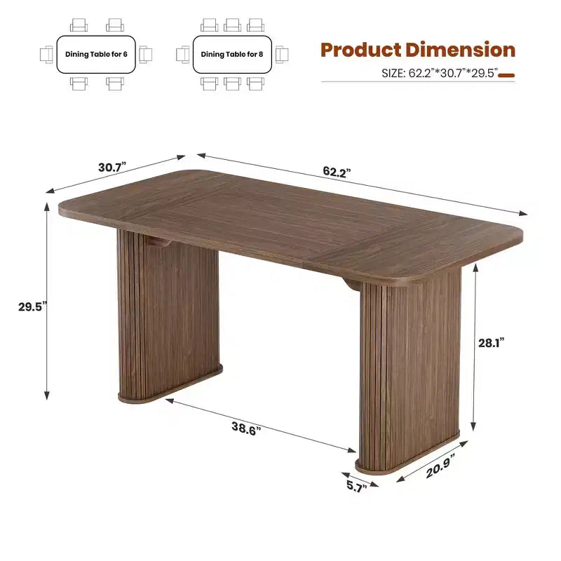Mesa de comedor para 6-8 personas - Mesa de cocina moderna de 62" de largo con tablero grande y patas de pedestal de alta resistencia, mesa de cena rectangular
