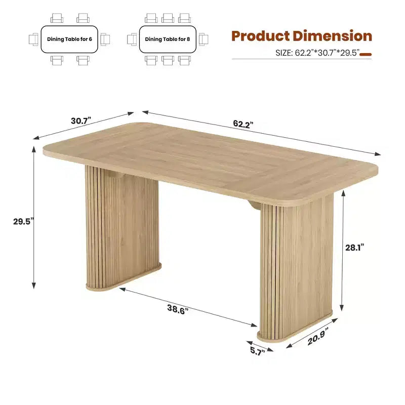 Mesa de comedor para 6-8 personas - Mesa de cocina moderna de 62" de largo con tablero grande y patas de pedestal de alta resistencia, mesa de cena rectangular