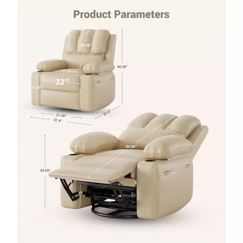 Recliner Chair for Adults, Faux Leather Manual Rocker Recliner, 360 Degree Swivel Lounge Chair with Side Pocket, Single Sofa Seat, Beige
