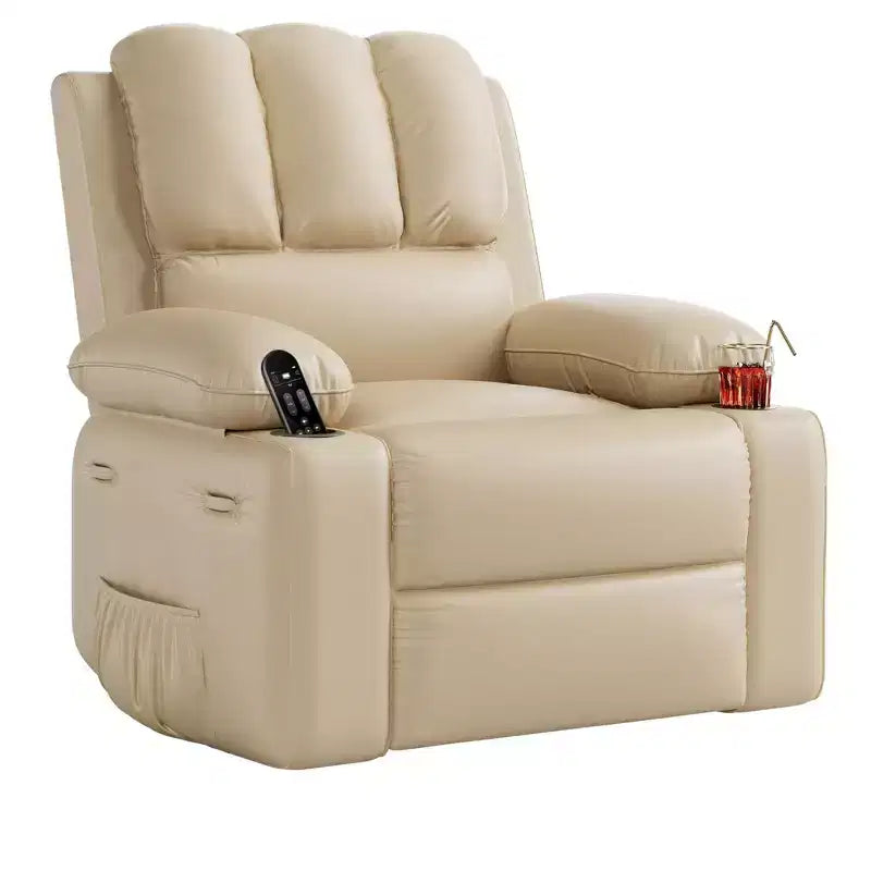 Recliner Chair for Adults, Faux Leather Manual Rocker Recliner, 360 Degree Swivel Lounge Chair with Side Pocket, Single Sofa Seat, Beige
