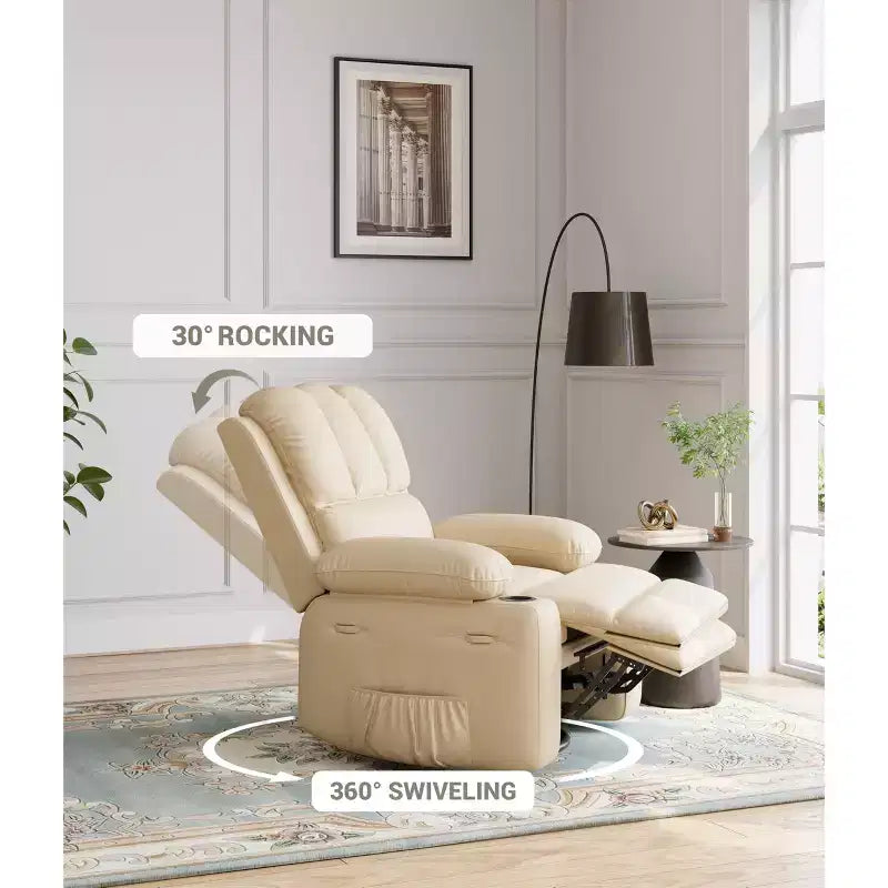 Recliner Chair for Adults, Faux Leather Manual Rocker Recliner, 360 Degree Swivel Lounge Chair with Side Pocket, Single Sofa Seat, Beige
