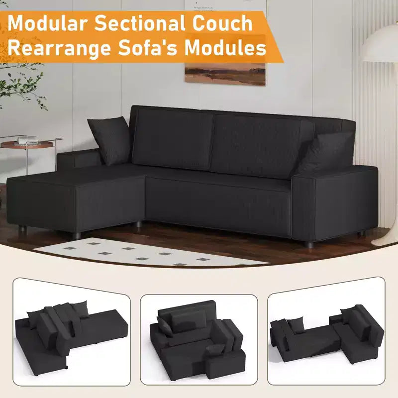 96 Modular Cloud Couch Sectional,Modern L-Shaped Corduroy Strip Sofa with Movable Ottoman,Sectional Couches for Living Room, Bedroom