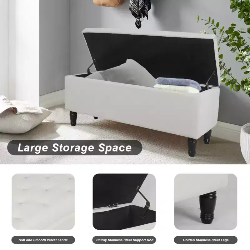 Banc de rangement capitonné en velours de 119,4 cm, capacité de 272 kg