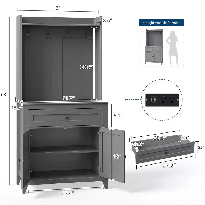 Alacena de 63'' con 4 ganchos, 1 cajón grande, estantes ajustables para sala de estar, comedor