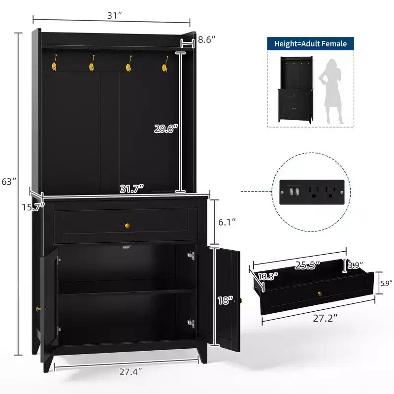 Alacena de 63'' con 4 ganchos, 1 cajón grande, estantes ajustables para sala de estar, comedor