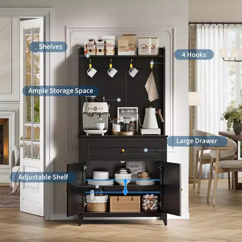 Alacena de 63'' con 4 ganchos, 1 cajón grande, estantes ajustables para sala de estar, comedor