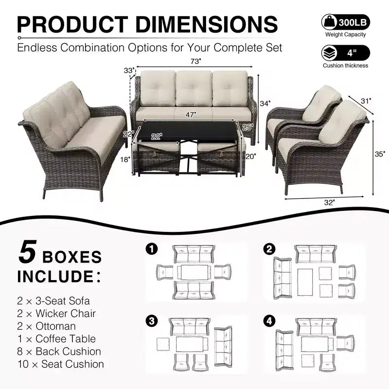 Juego de sofá de exterior prémium UPTIOT con sillas de mimbre, otomanas y mesa de centro