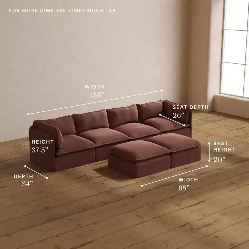Anabei Modular Washable 4-Seater Sofa + Bench Ottoman | Deluxe+ Seat & Cloud Pillow