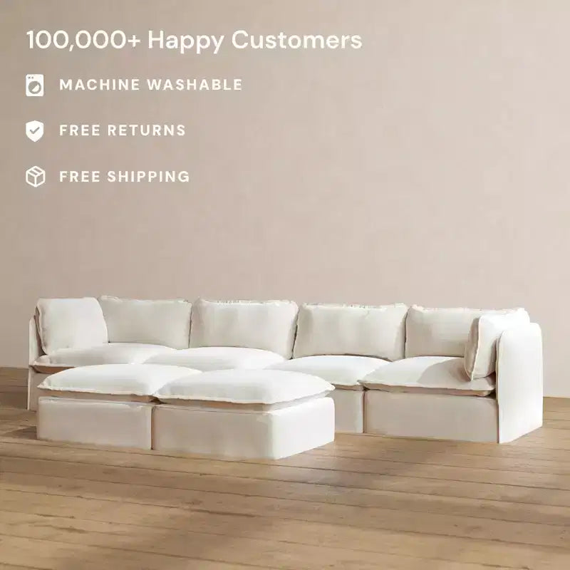 Anabei Modular Washable 4-Seater Sofa + Bench Ottoman | Deluxe+ Seat & Cloud Pillow