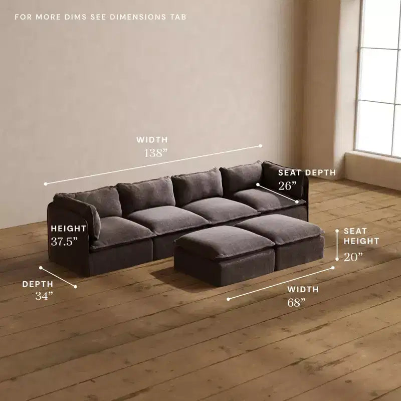 Anabei Modular Washable 4-Seater Sofa + Bench Ottoman | Deluxe+ Seat & Cloud Pillow
