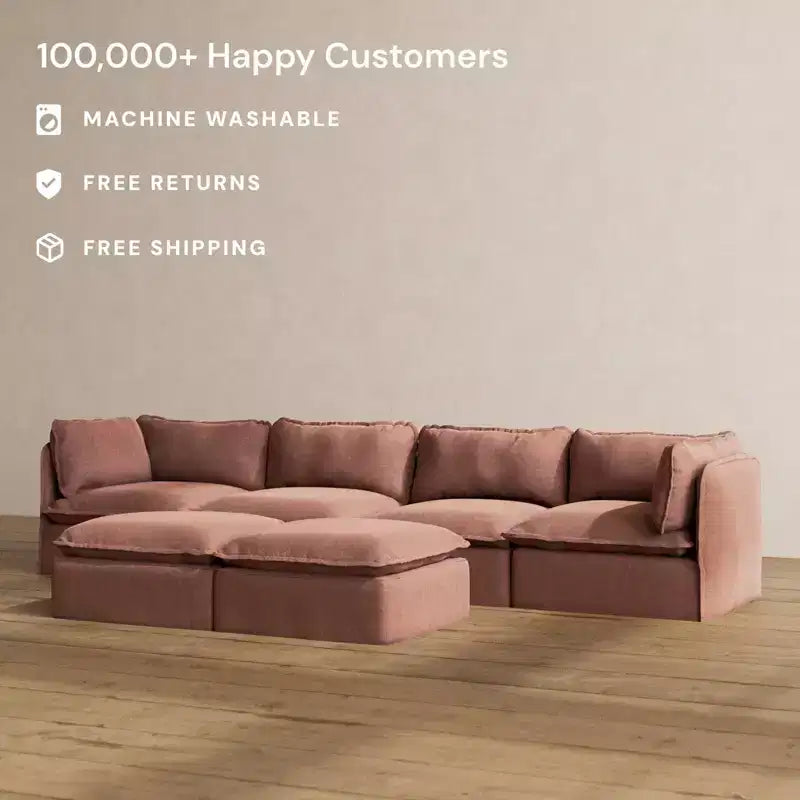Anabei Modular Washable 4-Seater Sofa + Bench Ottoman | Deluxe+ Seat & Cloud Pillow