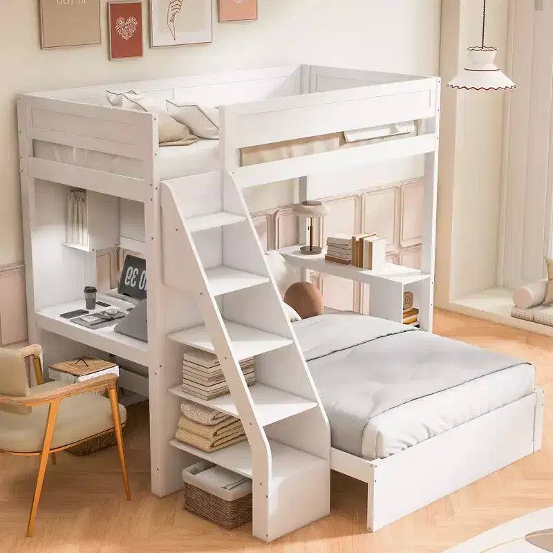 Litera doble XL sobre cama de matrimonio con escritorio y USB, madera maciza con estantes laterales y almacenamiento debajo de la cama