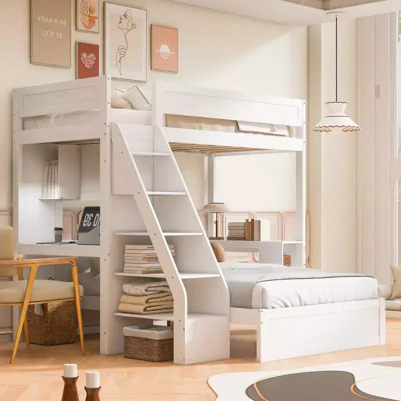 Litera doble XL sobre cama de matrimonio con escritorio y USB, madera maciza con estantes laterales y almacenamiento debajo de la cama