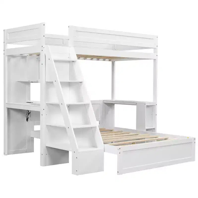 Litera doble XL sobre cama de matrimonio con escritorio y USB, madera maciza con estantes laterales y almacenamiento debajo de la cama