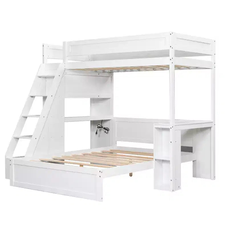 Litera doble XL sobre cama de matrimonio con escritorio y USB, madera maciza con estantes laterales y almacenamiento debajo de la cama
