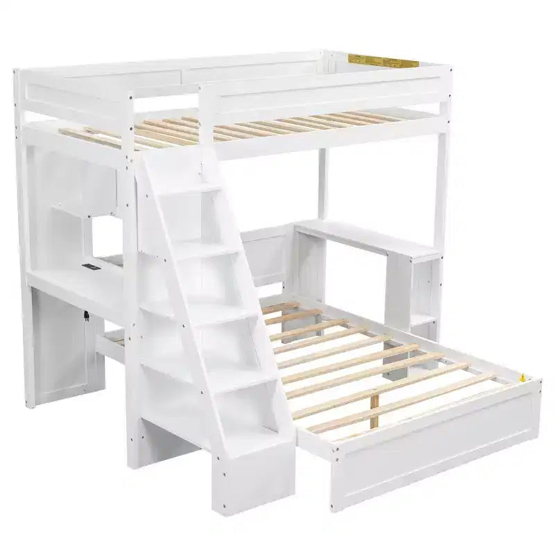 Litera doble XL sobre cama de matrimonio con escritorio y USB, madera maciza con estantes laterales y almacenamiento debajo de la cama