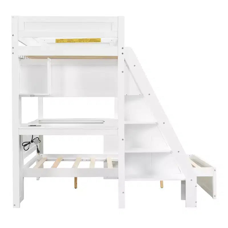 Litera doble XL sobre cama de matrimonio con escritorio y USB, madera maciza con estantes laterales y almacenamiento debajo de la cama