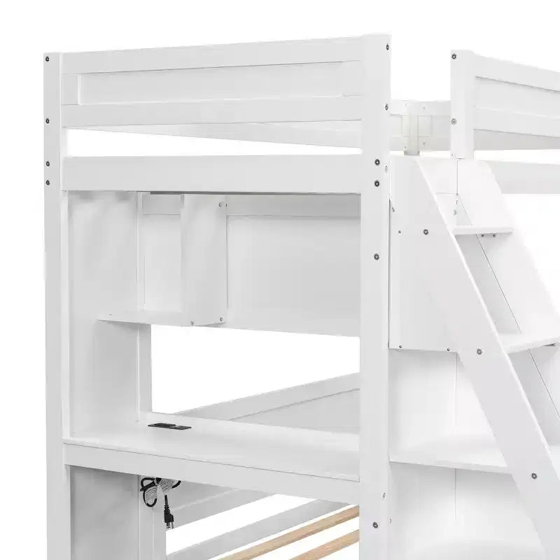 Litera doble XL sobre cama de matrimonio con escritorio y USB, madera maciza con estantes laterales y almacenamiento debajo de la cama