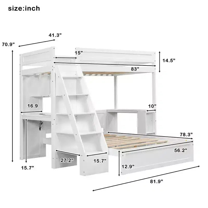 Litera doble XL sobre cama de matrimonio con escritorio y USB, madera maciza con estantes laterales y almacenamiento debajo de la cama