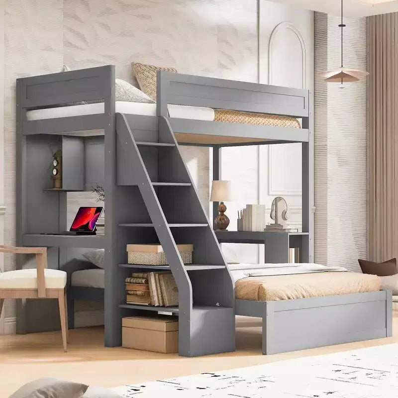 Litera doble XL sobre cama de matrimonio con escritorio y USB, madera maciza con estantes laterales y almacenamiento debajo de la cama