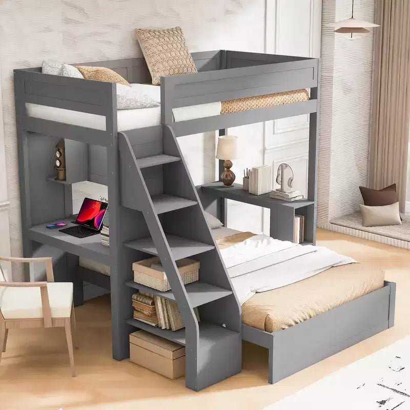 Litera doble XL sobre cama de matrimonio con escritorio y USB, madera maciza con estantes laterales y almacenamiento debajo de la cama