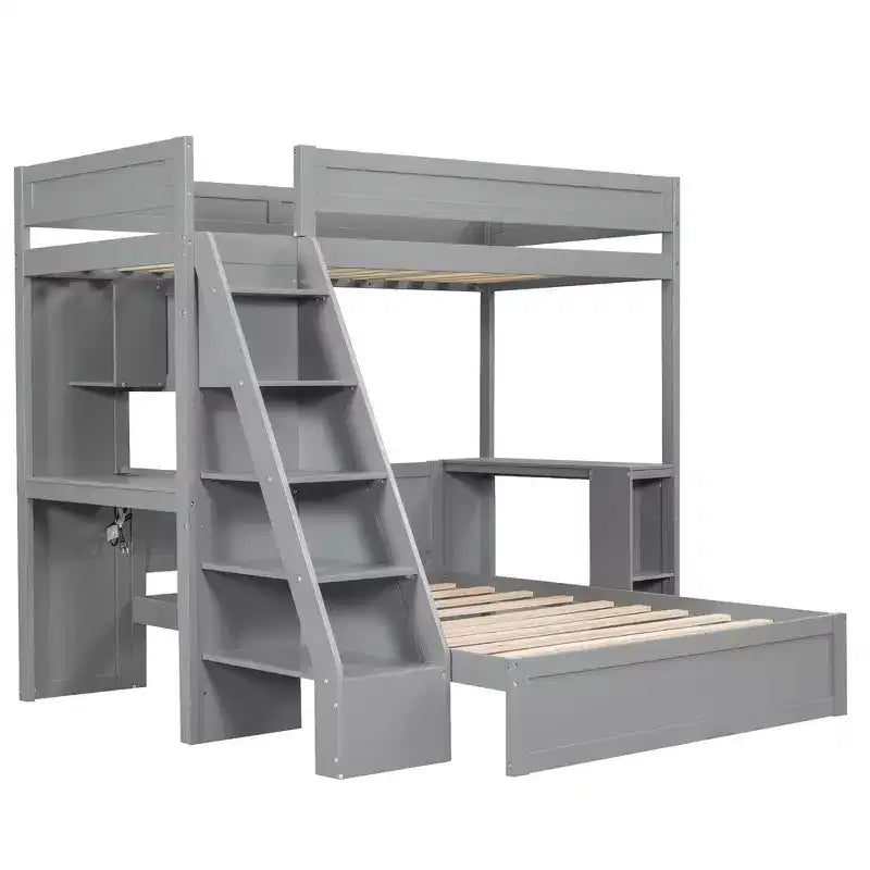Litera doble XL sobre cama de matrimonio con escritorio y USB, madera maciza con estantes laterales y almacenamiento debajo de la cama