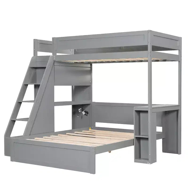 Litera doble XL sobre cama de matrimonio con escritorio y USB, madera maciza con estantes laterales y almacenamiento debajo de la cama