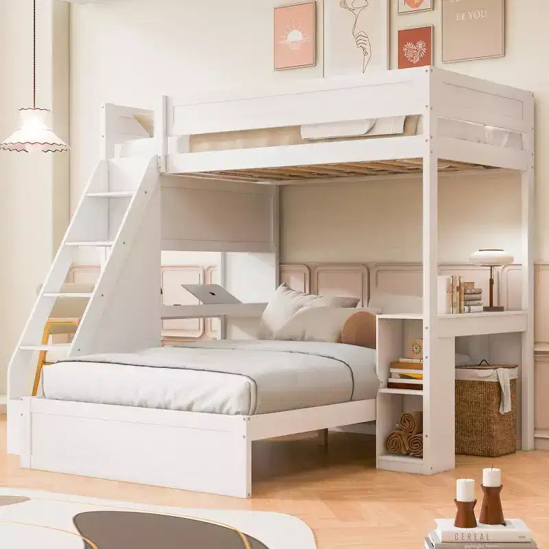 Litera doble XL sobre cama de matrimonio con escritorio y USB, madera maciza con estantes laterales y almacenamiento debajo de la cama