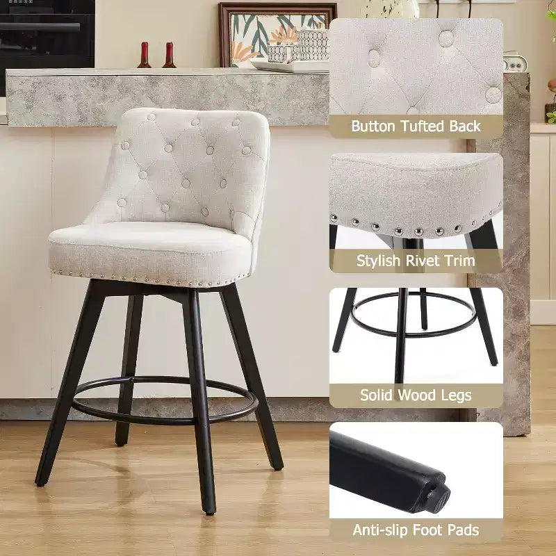 Juego de 4 sillas de comedor de madera, taburetes de bar giratorios modernos con respaldo y patas de madera, taburetes de bar tapizados, silla de bar para isla de cocina y barra de casa