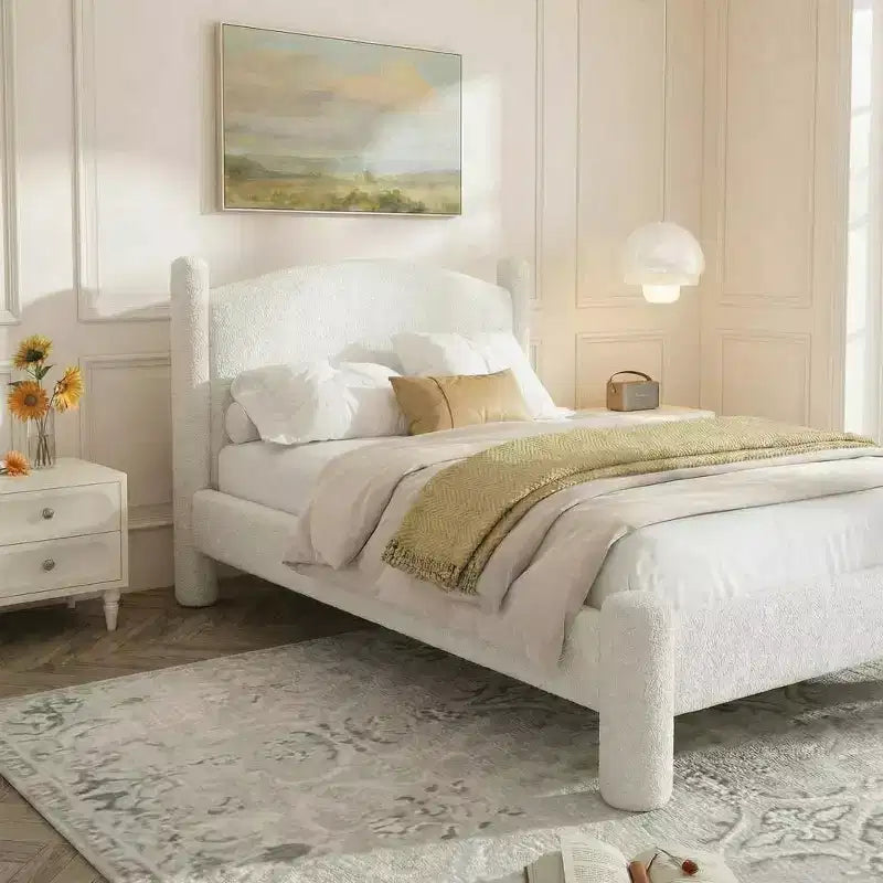 Marco de cama King Size, marco de cama de bouclé con cabecero, marco de cama de plataforma tapizado suave con esquinas redondeadas, no requiere somier, fácil montaje