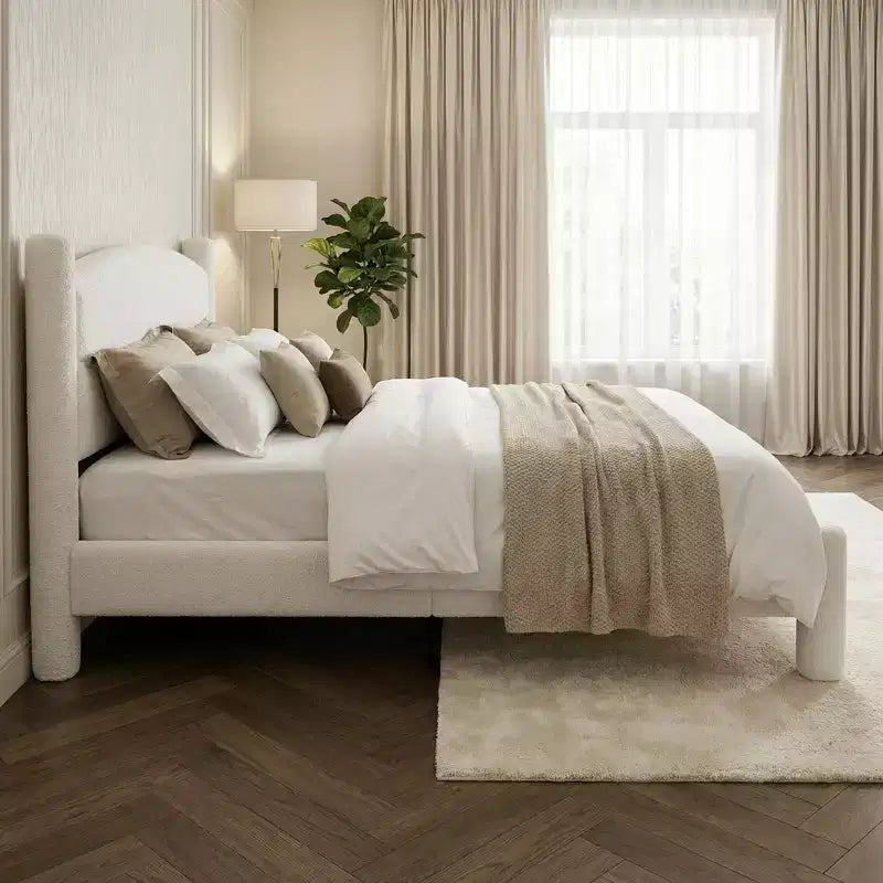 Marco de cama King Size, marco de cama de bouclé con cabecero, marco de cama de plataforma tapizado suave con esquinas redondeadas, no requiere somier, fácil montaje