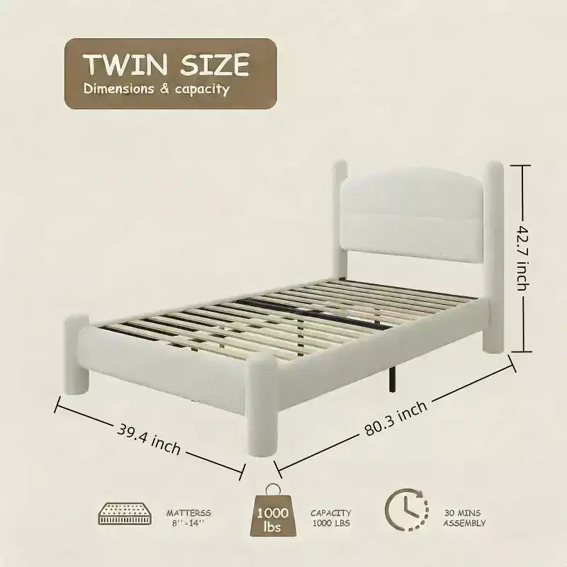 Marco de cama King Size, marco de cama de bouclé con cabecero, marco de cama de plataforma tapizado suave con esquinas redondeadas, no requiere somier, fácil montaje