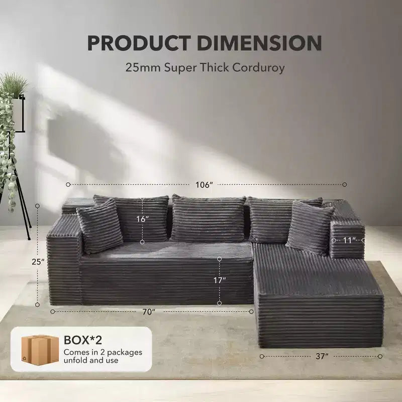 106 Modular Cloud Sectional, 3-Seat L-Shape Sofa with Oversized Chaise, Memory-Foam Deep Seat, Tool-Free Setup