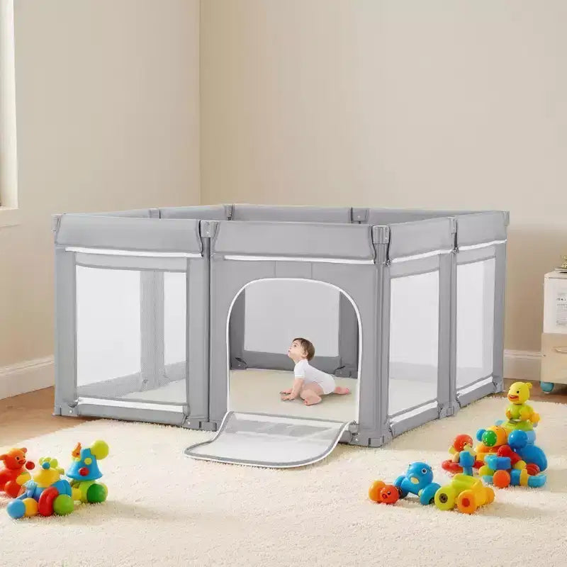 Parque de Juegos Extra Grande para Bebés de 200x178cm, Corral Plegable con Puerta de Cremallera y Malla Transpirable, Gris