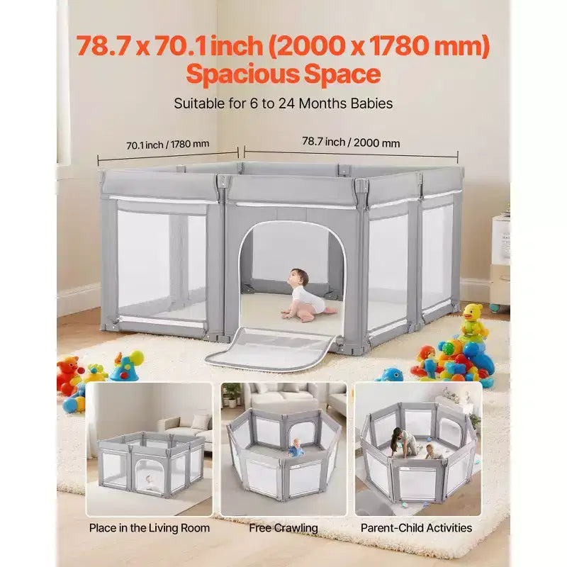 Parque de Juegos Extra Grande para Bebés de 200x178cm, Corral Plegable con Puerta de Cremallera y Malla Transpirable, Gris