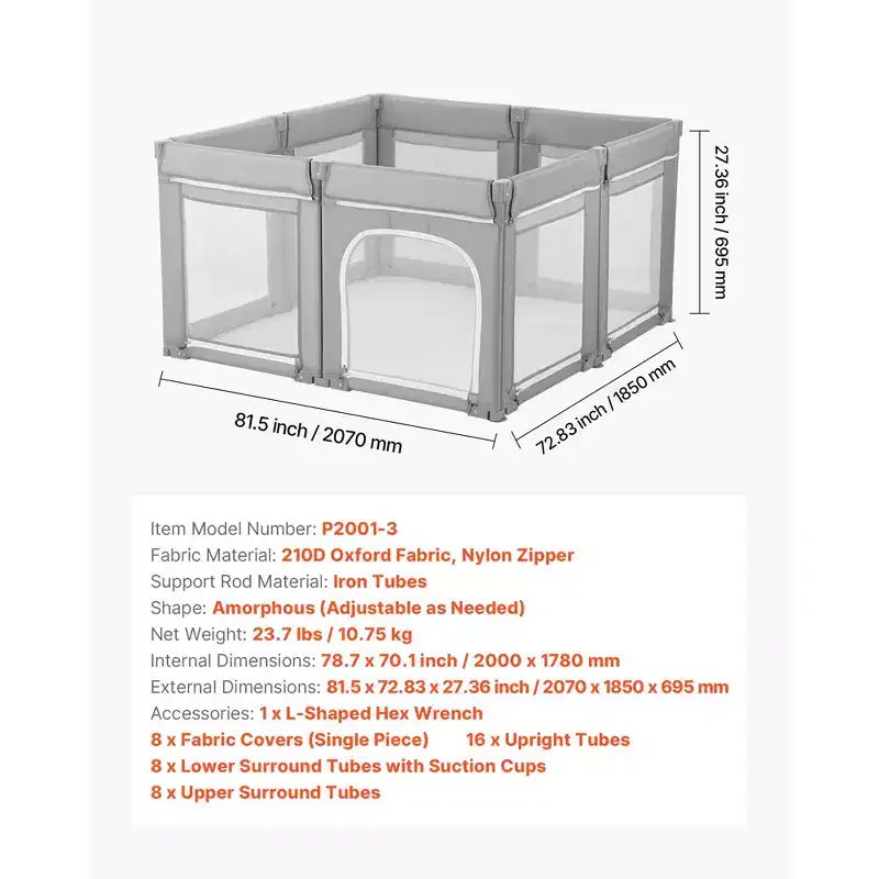 Parque de Juegos Extra Grande para Bebés de 200x178cm, Corral Plegable con Puerta de Cremallera y Malla Transpirable, Gris