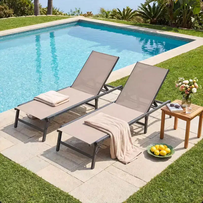 LAUSAINT HOME Juego de tumbonas para piscina, sillones para tomar el sol con respaldo ajustable en 5 posiciones, tumbona para exteriores para piscina, playa, patio y jardín (2 piezas)