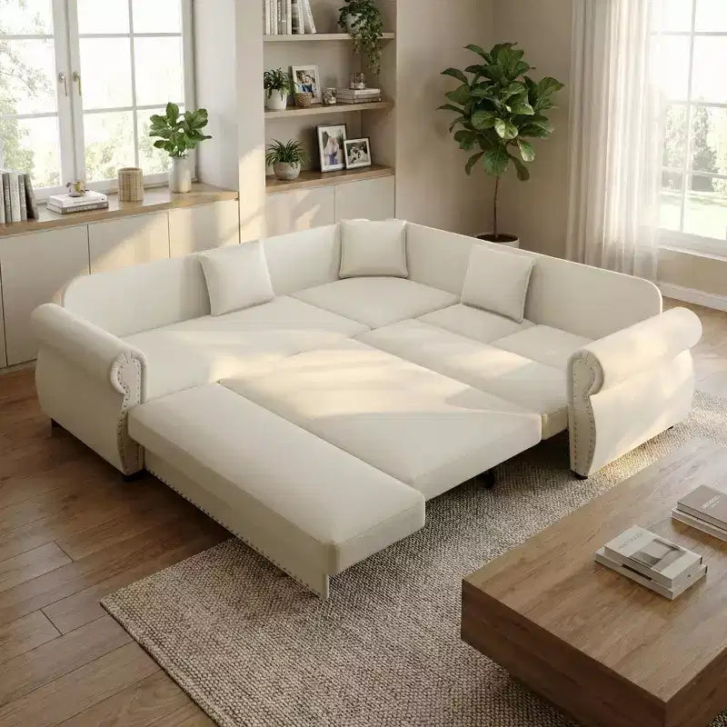 Homy Casa 88 L-Shaped Sleeper Sofa with Pull-Out Bed, Chenille Upholstery, 5-Seat, Beige