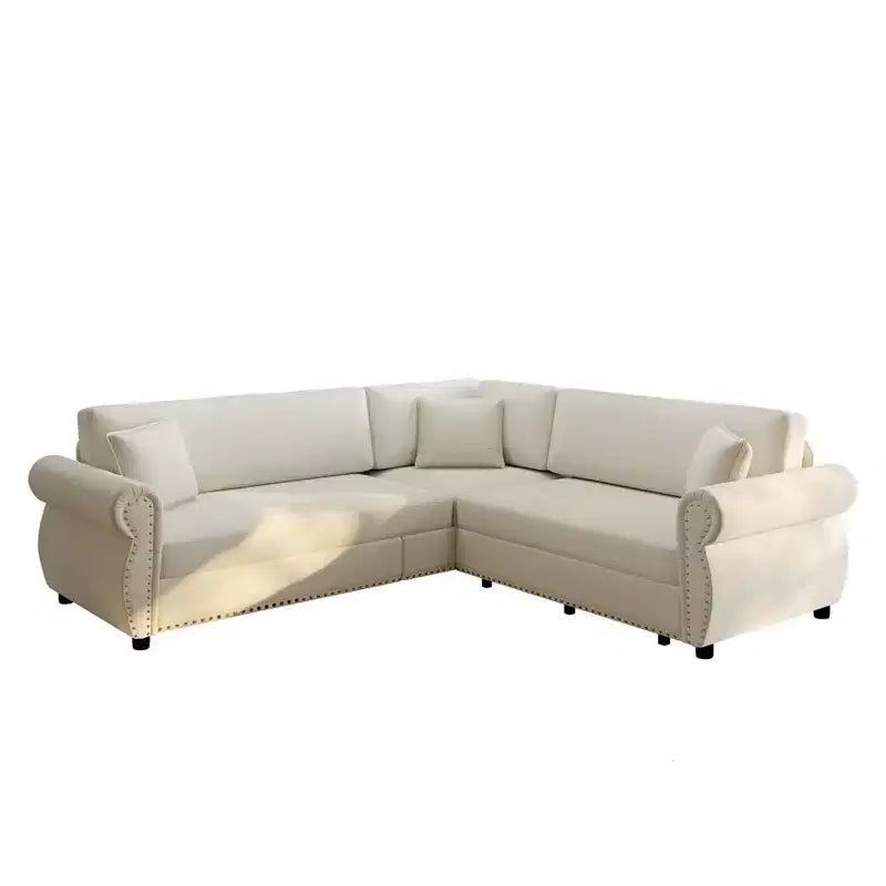 Homy Casa 88 L-Shaped Sleeper Sofa with Pull-Out Bed, Chenille Upholstery, 5-Seat, Beige