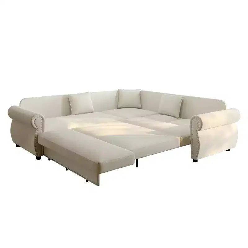 Homy Casa 88 L-Shaped Sleeper Sofa with Pull-Out Bed, Chenille Upholstery, 5-Seat, Beige