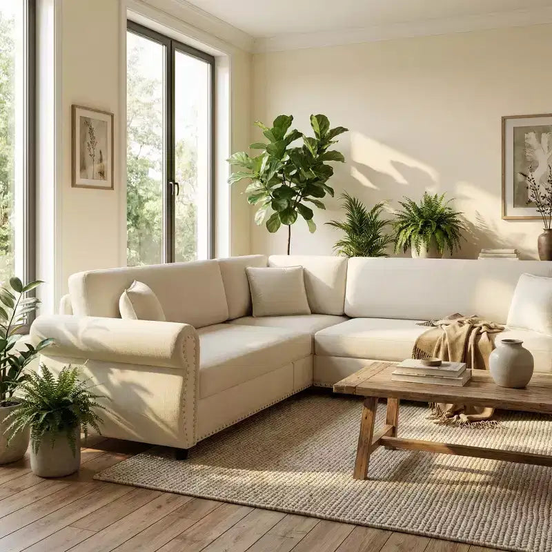 Homy Casa 88 L-Shaped Sleeper Sofa with Pull-Out Bed, Chenille Upholstery, 5-Seat, Beige