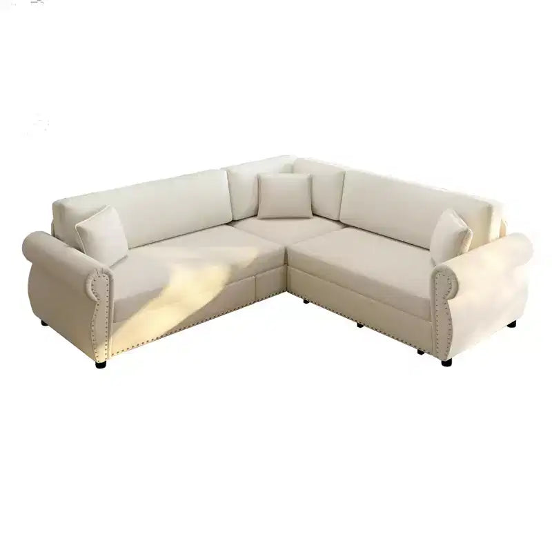 Homy Casa 88 L-Shaped Sleeper Sofa with Pull-Out Bed, Chenille Upholstery, 5-Seat, Beige