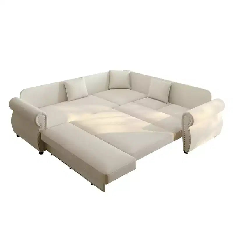 Homy Casa 88 L-Shaped Sleeper Sofa with Pull-Out Bed, Chenille Upholstery, 5-Seat, Beige