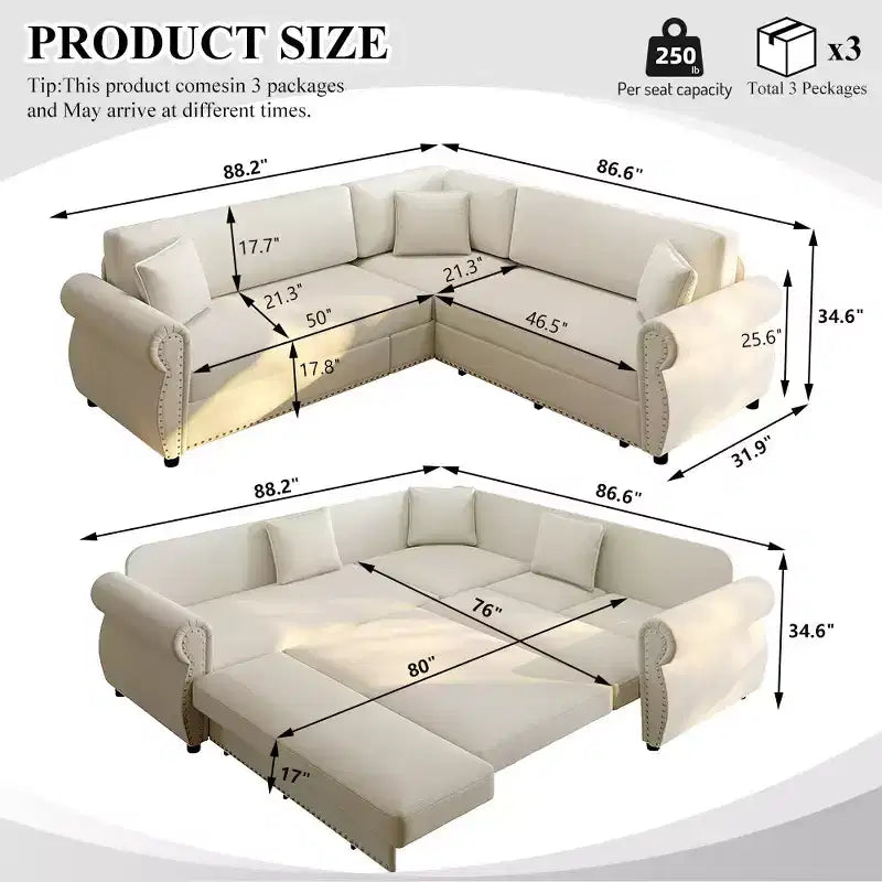 Homy Casa 88 L-Shaped Sleeper Sofa with Pull-Out Bed, Chenille Upholstery, 5-Seat, Beige