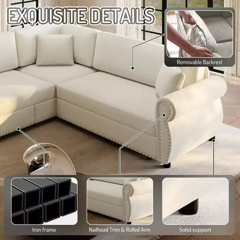 Homy Casa 88 L-Shaped Sleeper Sofa with Pull-Out Bed, Chenille Upholstery, 5-Seat, Beige