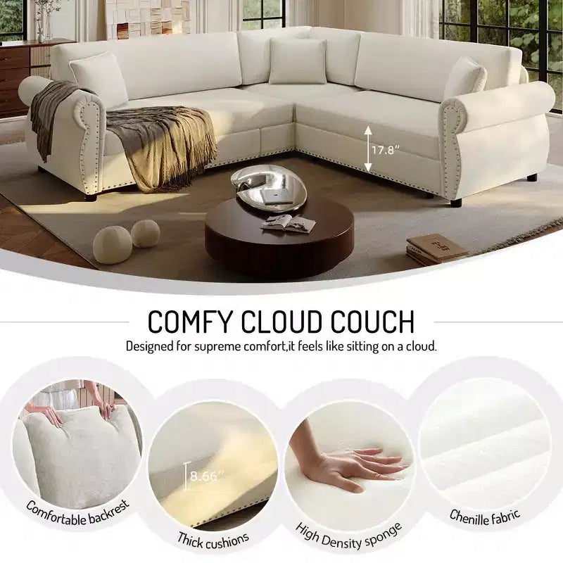 Homy Casa 88 L-Shaped Sleeper Sofa with Pull-Out Bed, Chenille Upholstery, 5-Seat, Beige