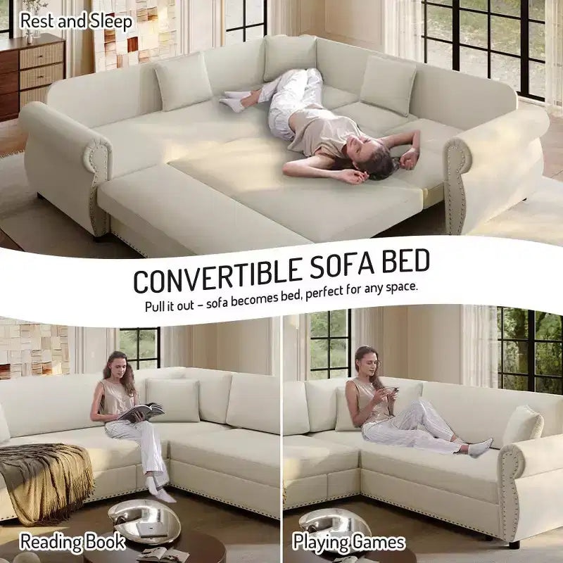 Homy Casa 88 L-Shaped Sleeper Sofa with Pull-Out Bed, Chenille Upholstery, 5-Seat, Beige