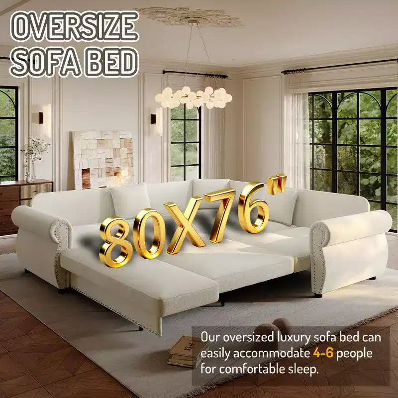 Homy Casa 88 L-Shaped Sleeper Sofa with Pull-Out Bed, Chenille Upholstery, 5-Seat, Beige